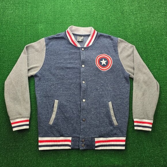 Marvel Captain America Varsity Jacket Mens Large Blue Gray Snap Button Letterman - Picture 1 of 8